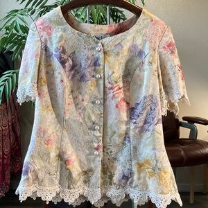 Vintage 80s 90s Cachet Cottagecore Pearl Buttons Satin Brocade Crochet Top 16